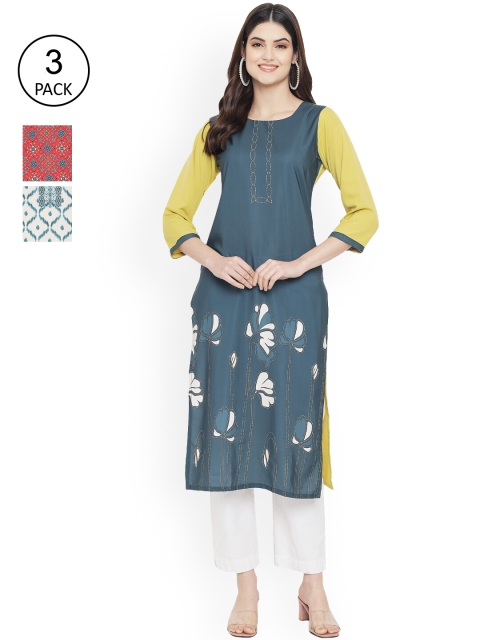 

Ethnic basket Women Pack of 3 Red & Teal Ethnic Motifs Printed Crepe Kurta