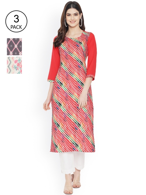 

Ethnic basket Women Pack of 3 Digital Printed Straight Kurtas, Red