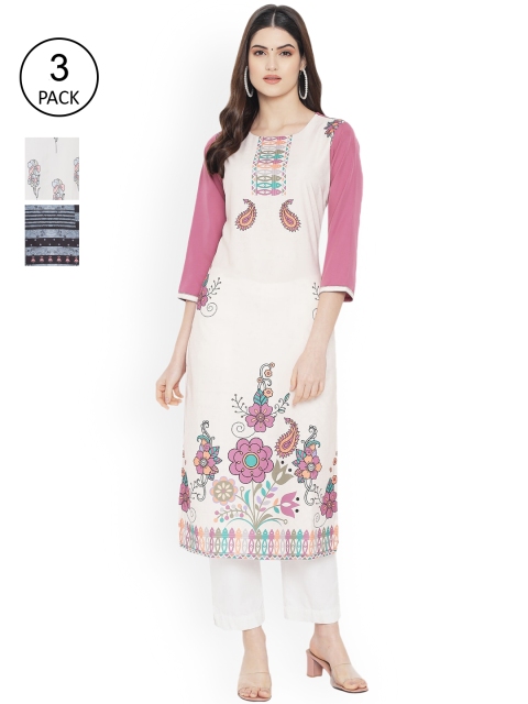 

Ethnic basket Women Pack of 3 Digital Printed Straight Kurtas, Off white