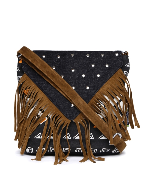 

Kanvas Katha Black & Brown Printed Fringed Sling Bag
