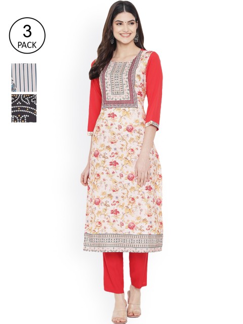 

Ethnic basket Women Pack of 3 Peach-Coloured & Black Ethnic Motifs Printed Crepe Kurta