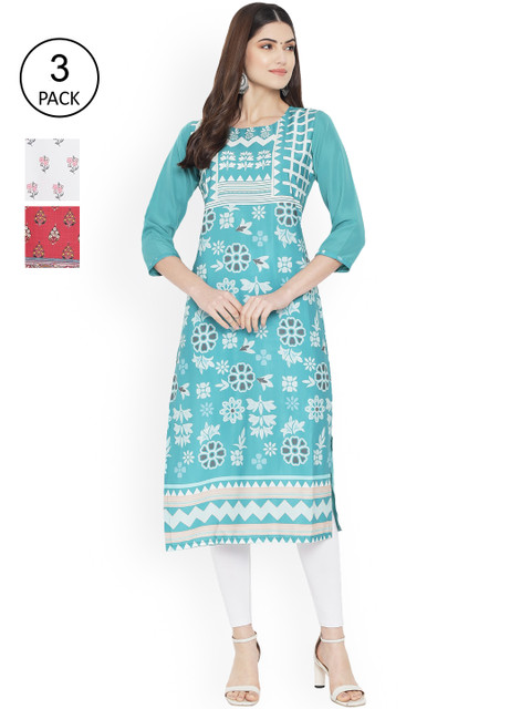 

Ethnic basket Women Red & Blue Digital Printed Set Of 3 Crepe Straight Kurta