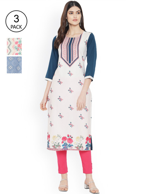 

Ethnic basket Women Pack Of 3 White & Teal Floral Floral Crepe Kurta