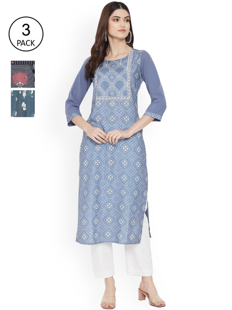 

Ethnic Basket Set Of 3 Women Blue & Green Floral Printed Floral Crepe Kurta