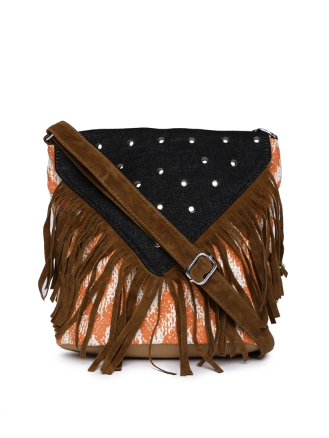 

Kanvas Katha Black & Orange Printed Fringed Sling Bag