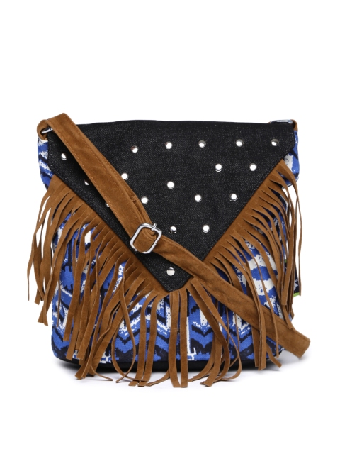 

Kanvas Katha Black & Blue Printed Fringed Sling Bag