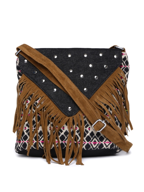 

Kanvas Katha Black & Brown Patterned Fringed Sling Bag