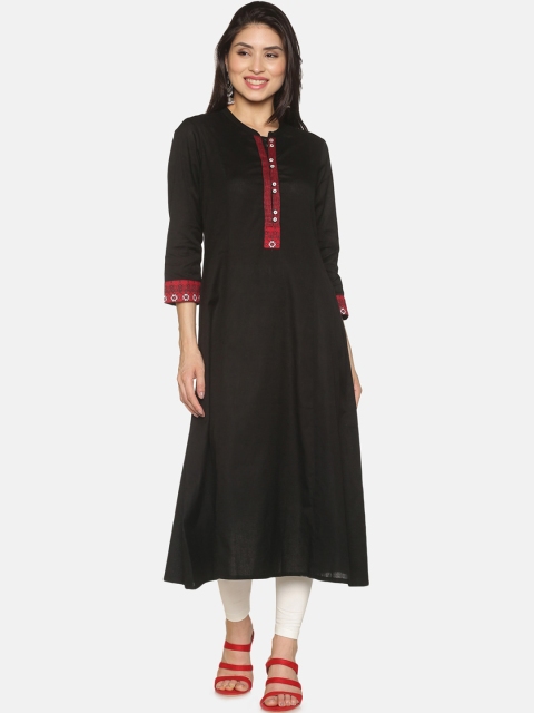 

Saffron Threads Women Black Solid A-Line Kurta with Embroidered Placket