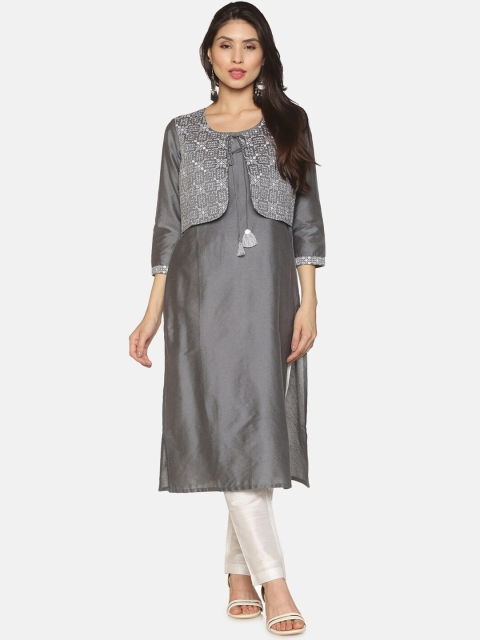 

Saffron Threads Women Grey & White Embroidered Thread Work Kurta