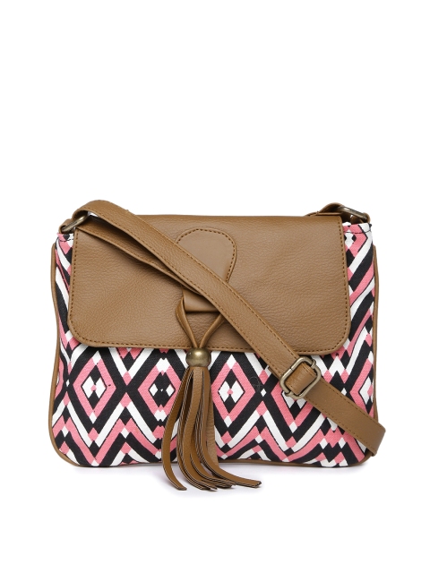 

Kanvas Katha Brown & Pink Printed Sling Bag with Tassel