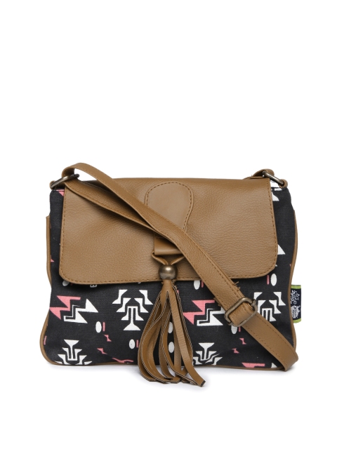 

Kanvas Katha Black & Brown Printed Sling Bag with Tassel