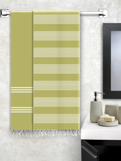 

Story@home Set Of 2 Olive Green Striped 200 GSM Pure Cotton Bath Towel