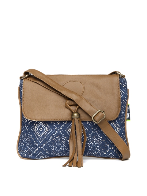 

Kanvas Katha Blue & Brown Printed Sling Bag with Tassel