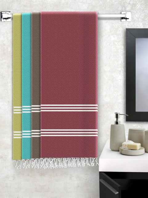 

Story@home Set Of 4 Checked 200 GSM Pure Cotton Antibacterial Bath Towels, Olive