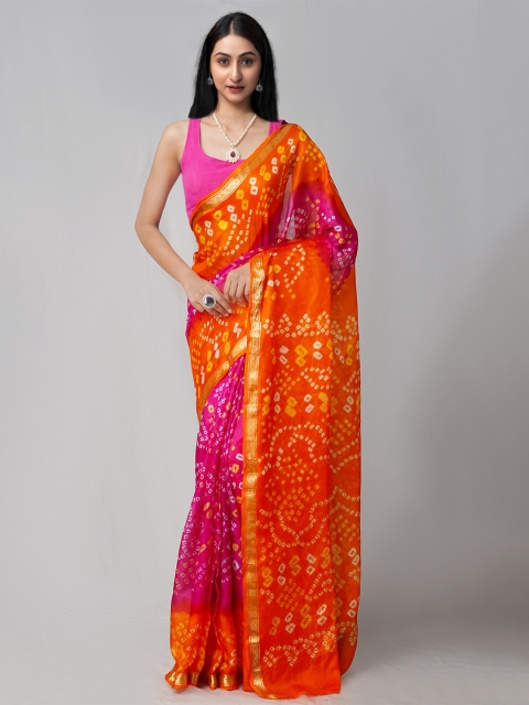 

Unnati Silks Pink & Orange Bandhani Zari Pure Silk Bandhani Saree