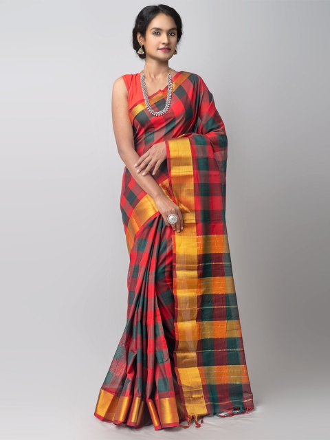 

Unnati Silks Orange & Red Checked Pure Cotton Chettinad Saree