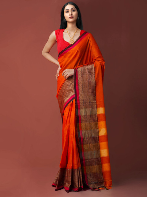 

Unnati Silks Orange & Red Zari Pure Cotton Handloom Sustainable Narayan Peth Saree