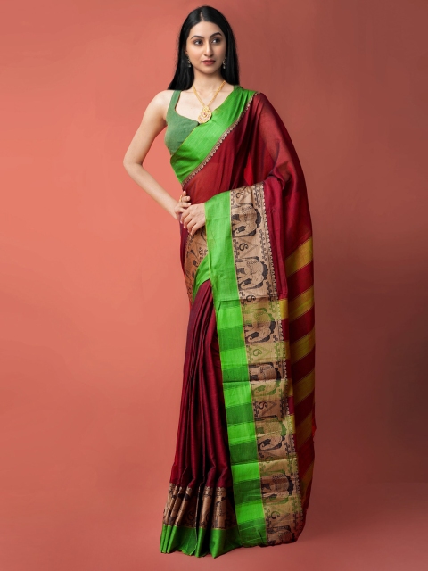 

Unnati Silks Maroon Woven Design Cotton Handloom Sustainable Pavani Narayan Peth Saree