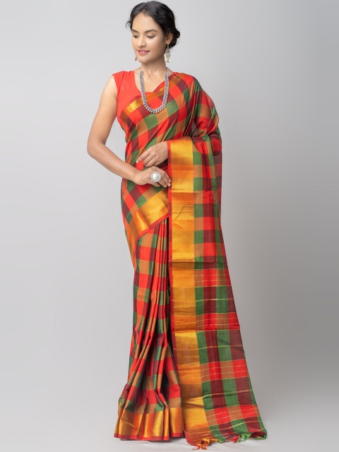 

Unnati Silks Red & Green Checked Zari Pure Cotton Chettinad Saree