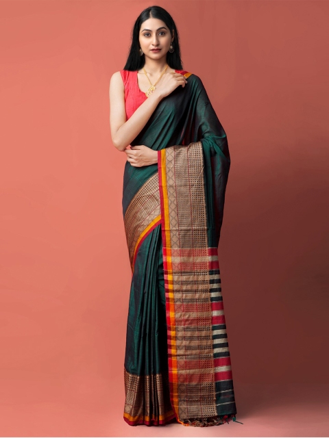 

Unnati Silks Green & Gold-Toned Woven Design Pure Handloom Narayan Peth Saree