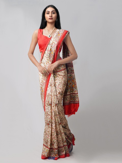 

Unnati Silks Brown & Red Printed Madhubanu Art Silk Kovai Saree