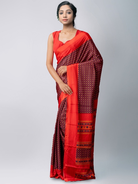 

Unnati Silks Red & Navy Blue Ethnic Motifs Block Print Saree