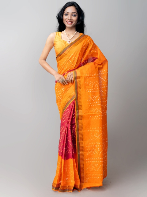 

Unnati Silks Maroon & Orange Bandhani Zari Pure Cotton Bandhani Saree
