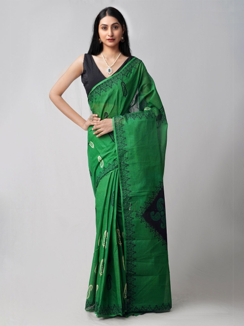 

Unnati Silks Women Green & Black Ethnic Motifs Pure Hand Block Printed Kota Saree