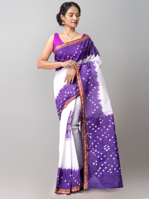 

Unnati Silks White & Purple Bandhani Zari Pure Cotton Handloom Bandhani Saree