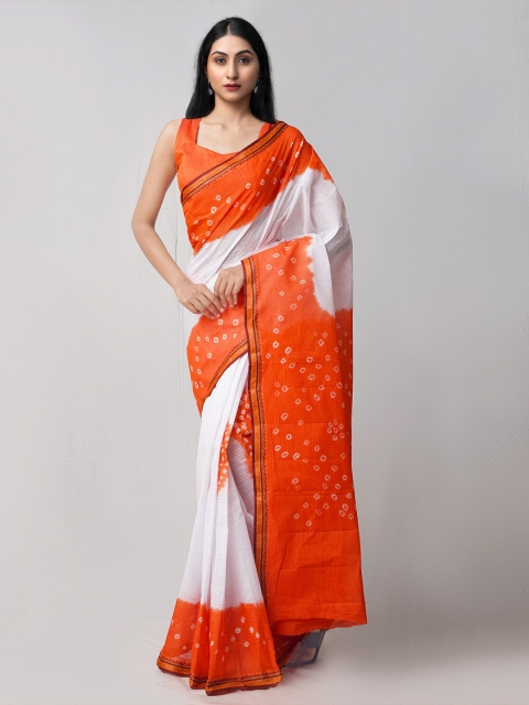 

Unnati Silks White & Orange Printed Pure Cotton Bandhani Saree