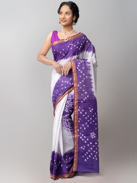 

Unnati Silks White & Violet Zari Pure Cotton Bandhani Saree