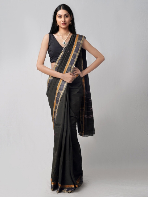 

Unnati Silks Black & Gold-Toned Zari Pure Cotton Handloom Sustainable Venkatgiri Saree