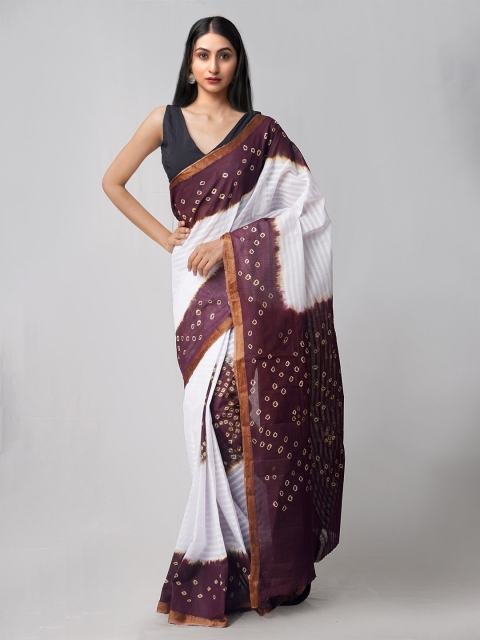 

Unnati Silks White & Brown Bandhani Dyed Pure Cotton Bandhani Saree