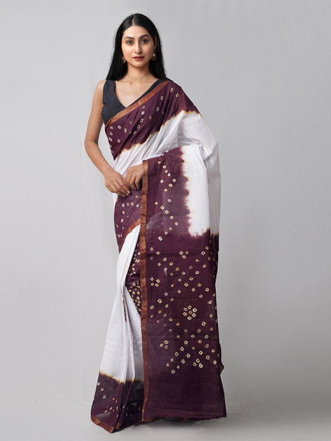

Unnati Silks White & Brown Tie and Dye Pure Cotton Handloom Bandhani Saree