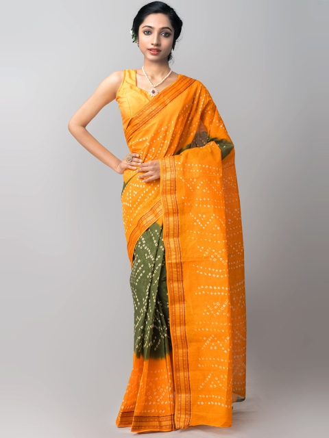 

Unnati Silks Green & Orange Bandhani Zari Pure Cotton Bandhani Saree