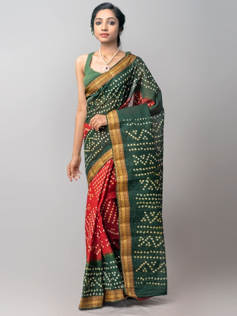 

Unnati Silks Maroon & Green Printed Pure Cotton Bandhani Saree