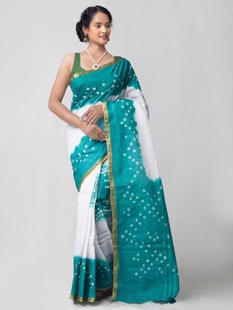 

Unnati Silks White & Blue Printed Pure Cotton Bandhani Saree