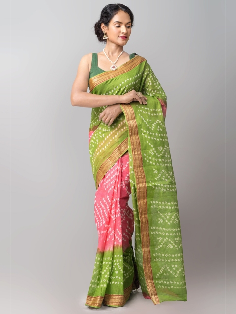 

Unnati Silks Pink & Green Bandhani Dyed Pure Cotton Bandhani Saree