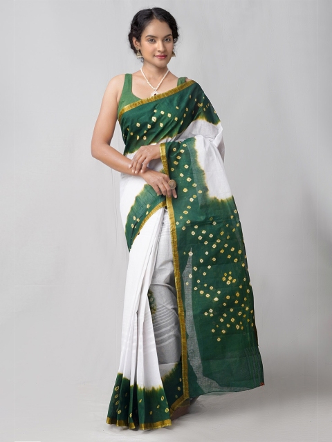

Unnati Silks White & Green Zari Pure Cotton Bandhani Saree