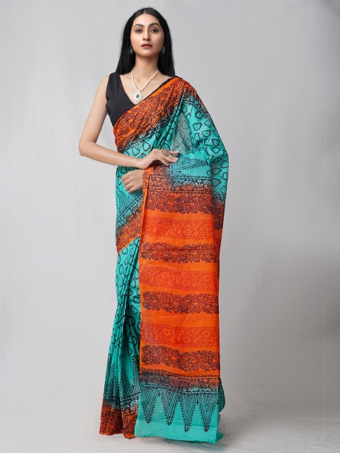 

Unnati Silks Green & Orange Ethnic Motifs Block Print Saree