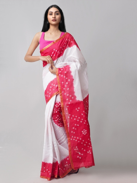 

Unnati Silks White & Pink Bandhani Zari Pure Cotton Bandhani Handloom Saree