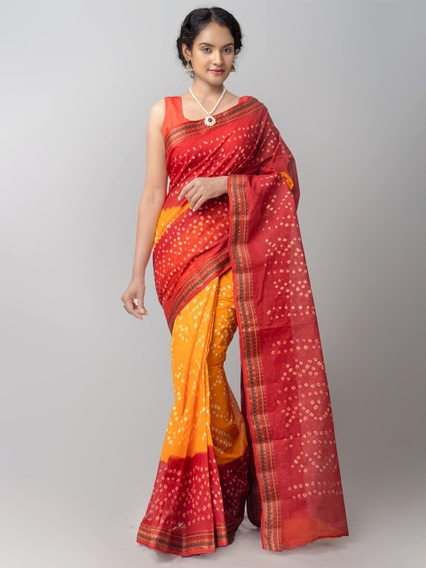 

Unnati Silks Women Orange & Red Bandhani Dyed Pure Cotton Bandhani Saree