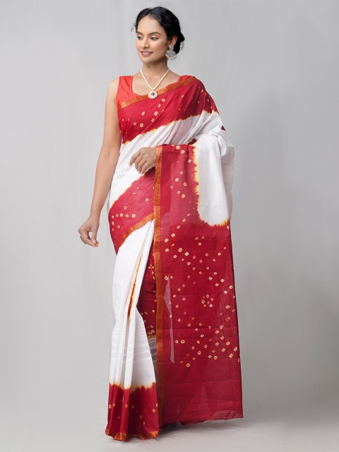 

Unnati Silks White & Red Tie and Dye Zari Pure Cotton Bandhani Handloom Saree