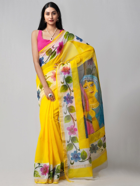 

Unnati Silks Yellow & Multi Color Floral Pure Hand Painted Pure Cotton Kota Saree