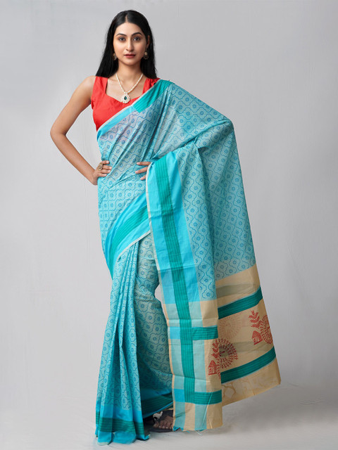 

Unnati Silks Blue & White Ethnic Motifs Pure Cotton Handloom Mangalagiri Saree