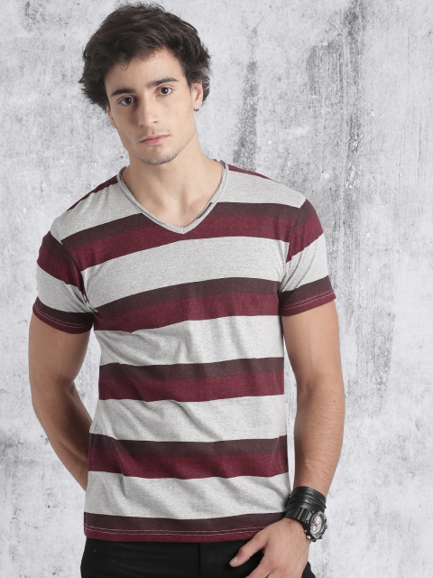 

Roadster Men Grey & Maroon Striped V-Neck T-shirt