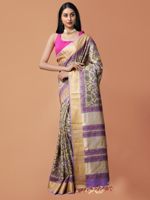 

Unnati Silks Brown & Purple Ethnic Motifs Printed Pure Silk Handloom Tussar Saree