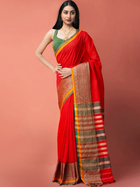 

Unnati Silks Red & Green Zari Pure Cotton Handloom Sustainable Narayan Peth Saree