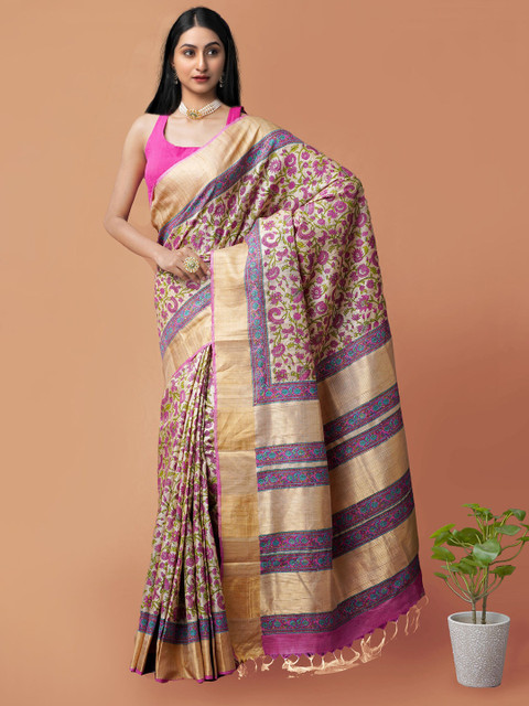 

Unnati Silks Brown & Pink Floral Printed Pure Handloom Tussar Saree