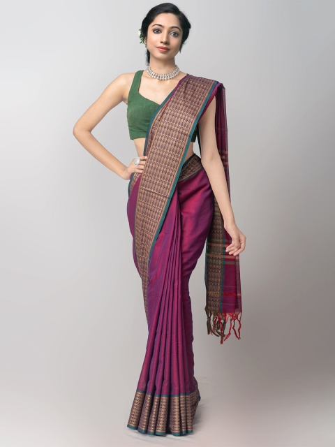 

Unnati Silks Purple & Teal Handloom Sustainable Woven Design Pure Cotton Kanjeevaram Saree